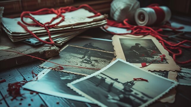 A retro-toned image of a detective board featuring photos of suspected criminals, crime scenes, and evidence, all connected by red threads, evoking a classic investigative aesthetic