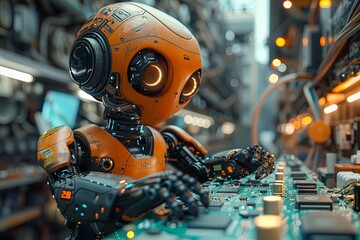 a robot with a pcb in its hands is working on a circuit board, uhd image, industrial machinery aesthetics. Generative AI.
