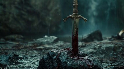 Excalibur, the legendary sword embedded in the stone, symbolizing King Arthur's rightful rule
