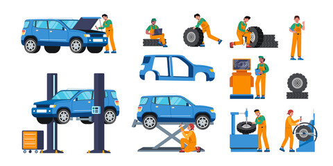 Auto repair shop icons in flat design