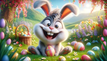 Cheerful Easter Bunny Enjoying Bright Spring Day. cute Easter bunny sits among painted eggs and blooming flowers on sunny day. - 748031999