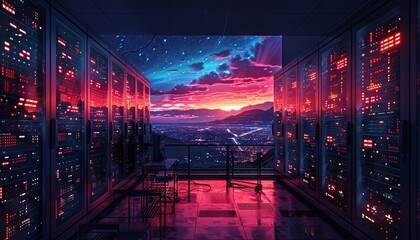 a server room with server racks in the dark, in the style of light indigo and black, glassy translucence. Generative AI - obrazy, fototapety, plakaty