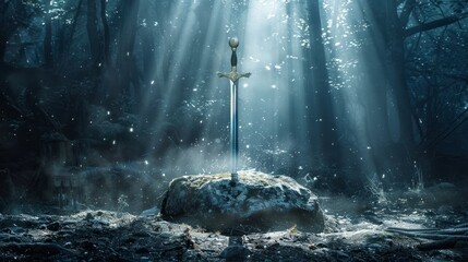 Excalibur, the sword in the stone, shines amidst a dark forest, with light rays and dust adding to the mystique