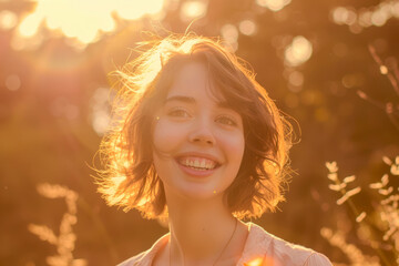 Young smiling woman outdoors portrait. Soft sunny colors.