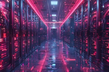 a view of an empty modern data center full of modern servers and rack, in the style of digital neon. Generative AI