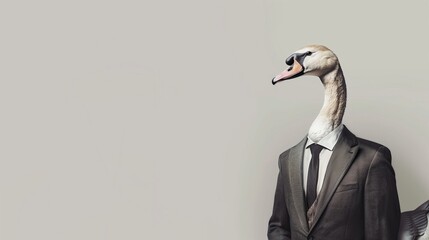 a swan wearing a suit with a tie on a plain white background on the left side of the image and the right side blank for text