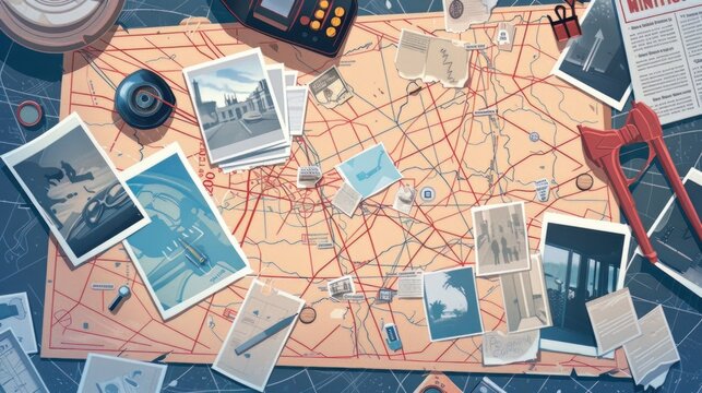 A detective's investigation board featuring pinned photos, newspapers, and notes as part of the cops' plan to solve the crime, depicted in a vector illustration of a detective map