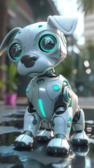 Futuristic robot puppy cartoon in a lush, tech park, 3D animation, vivid colors