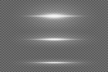 Set of horizontal highlights. Laser beams of light. Flash effect, explosion of light, sparkle of a solar spark. Luminous transparent background.