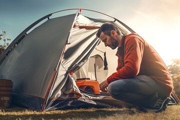 Man sets up tent, camping and camp. Tourism, hike, hiking, nature and camping trip