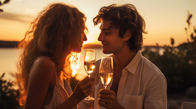 Coupld drinking wine at sunset. Romantic date on the beach