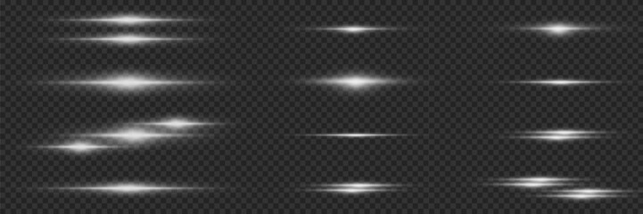 Collection of motion and moving fast speed lines. White laser beams of light and flashes. On a transparent background.