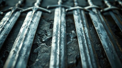 A close-up background showcasing metal knight swords, embodying the concept of knights - obrazy, fototapety, plakaty