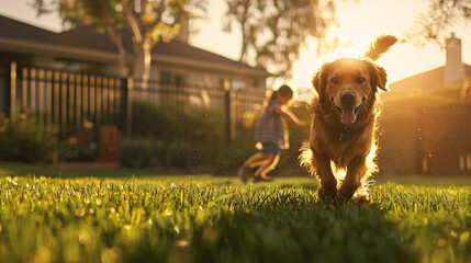The genuine happiness of a family enjoying quality time with their golden retriever in the backyard.