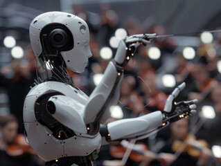 Humanoid robot conducting a robotic orchestra, 3D animated music performance