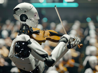 Humanoid robot conducting a robotic orchestra, 3D animated music performance
