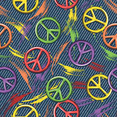Colorful pattern with peace sign, brush strokes, smudge paint, paint splatter on blue jeans texture. Groovy, hippie, naive style for apparel, fabric, textile design