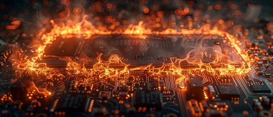 computer board concept with a fire, in the style of light orange and light bronze. Generative AI - obrazy, fototapety, plakaty