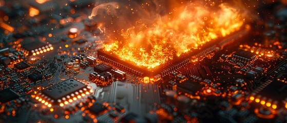 computer board concept with a fire, in the style of light orange and light bronze. Generative AI