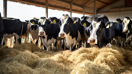 Group of cows at cowshed eating hay or fodder. - obrazy, fototapety, plakaty