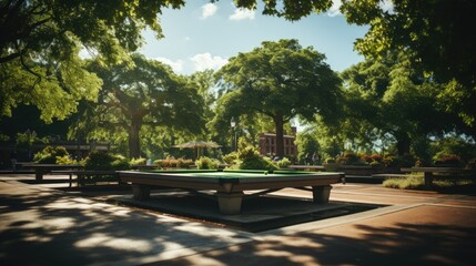 Billiard table in the park. Entertainment in the park. Game for money. Everything is ready to play.