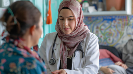 Médico con hiyab en su consulta - obrazy, fototapety, plakaty