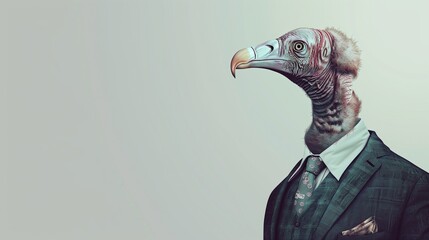 a vulture wearing a suit with a tie on a plain white background on the left side of the image and the right side blank for text - obrazy, fototapety, plakaty