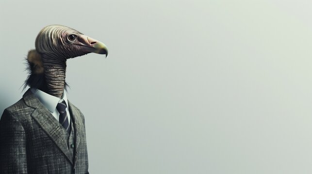 a vulture wearing a suit with a tie on a plain white background on the left side of the image and the right side blank for text