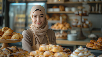 Mujer con hiyab trabajando en una pastelería  - obrazy, fototapety, plakaty