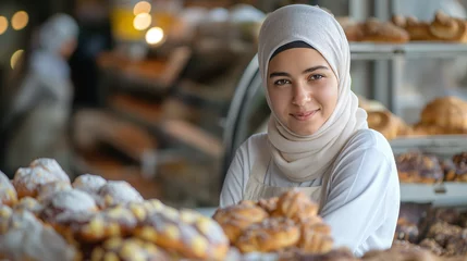 Fotobehang Mujer con hiyab trabajando en una pastelería  © VicPhoto