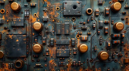 computer circuit board and electronic components stock photo, in the style of dark sky-blue and light orange. Generative AI.