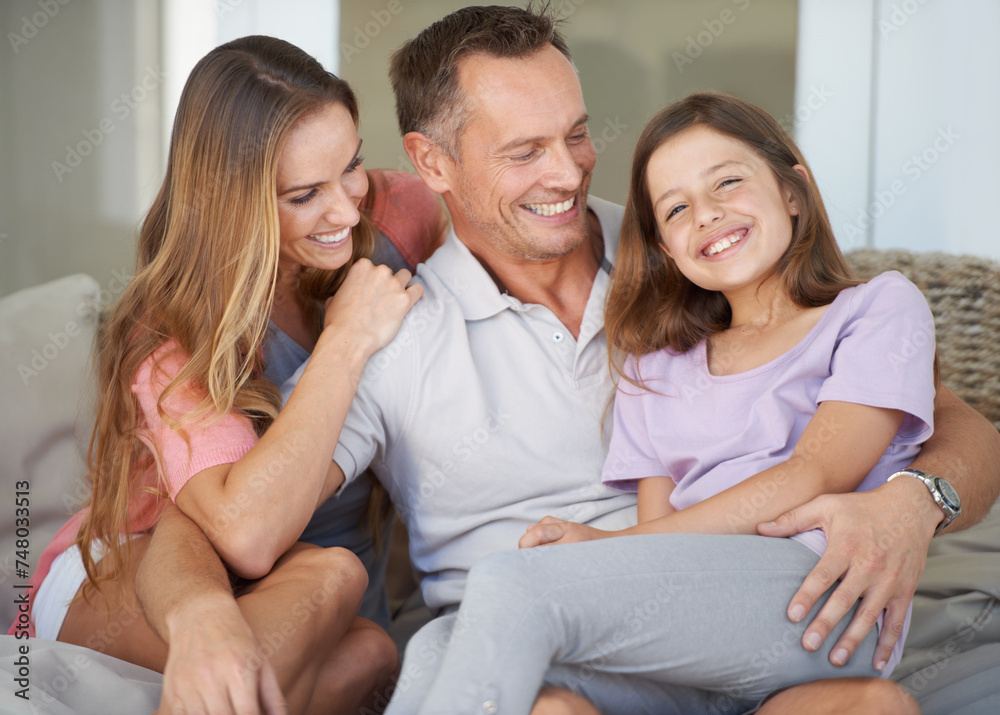 Poster Parents, girl kid and portrait on patio with hug, care and love with dad with smile at family house. Father, mother and daughter with embrace, connection and happy to relax together in backyard