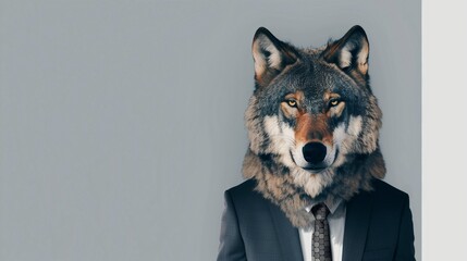 a wolf wearing a suit with a tie on a plain white background on the left side of the image and the right side blank for text,