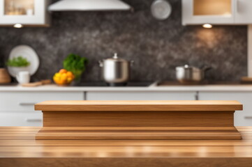 Empty Wooden Pedestal on Modern Kitchen with Blurry Background