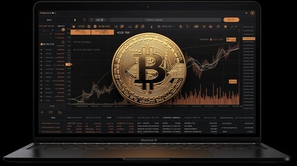 Bitcoin on the background of the monitor of the laptop. Vector illustration