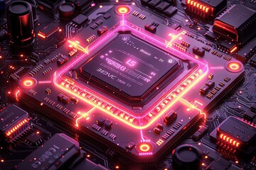 hardware chip isolated on black background electrical circuit board rendering abstract computer, neon-infused digitalism. Generative AI. - obrazy, fototapety, plakaty