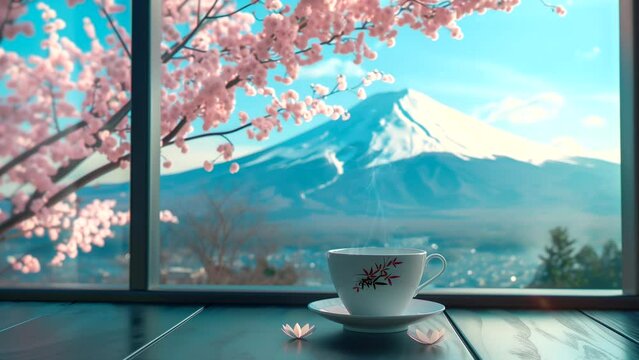 Coffee with view mount Fuji at spring . seamless looping 4k time-lapse animation background