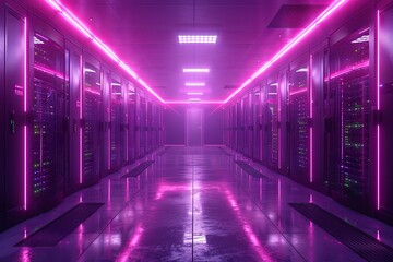 a server room with server racks in the dark, in the style of light indigo and black, glassy translucence. Generative AI. - obrazy, fototapety, plakaty