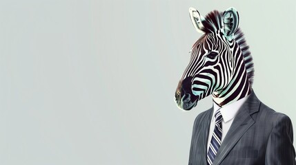 a zebra wearing a suit with a tie on a plain white background on the left side of the image and the right side blank for text,