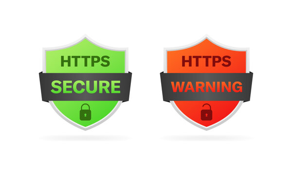 HTTPS secure and warning icons. HTTPS shield icons. Flat style. Vector icons