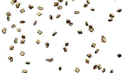 Gold playing card symbols falling isolated on white background. 3d rendering    