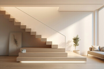 A seamless fusion of form and function unfolds in the clean, minimalist lines of a Scandinavian staircase, basking in the glow of soft illumination.