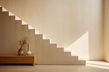 A captivating interplay of light and shadow dances across the smooth surfaces of a beige staircase, embodying the essence of Scandinavian minimalism.