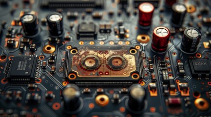 the circuit board on a computer, in the style of light sky-blue and navy, precisionism influence, focus on materials, hyper-realistic atmospheres. Generative AI