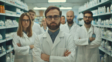 Fototapeta na wymiar Group of pharmacists standing together and looking.