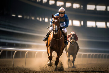 Obraz premium inish line of a horse racing or derby competition. A man rushes forward on his horse, which is galloping