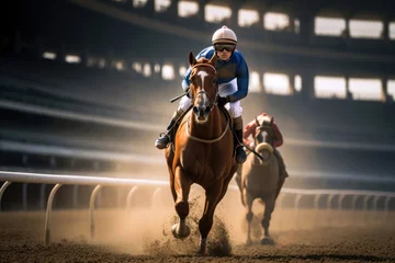 Foto op Canvas inish line of a horse racing or derby competition. A man rushes forward on his horse, which is galloping © Катерина Решетникова