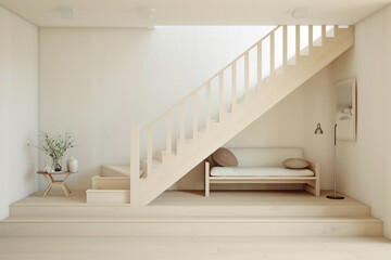 Nordic minimalism meets understated sophistication in a pristine beige staircase, set against a backdrop of clean, airy spaces.