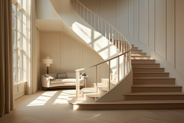 Sunlit beige staircase with clean lines and Nordic-inspired details, casting inviting shadows on the pristine interior.