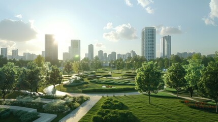 Public parks is surrounded by skyscrapers cityscape in the metropolis city center. Green environment city and downtown business district in panoramic view with cloudy sky